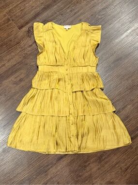 Women's Metallic Yellow Tiered Ruffle Button-Front Dress